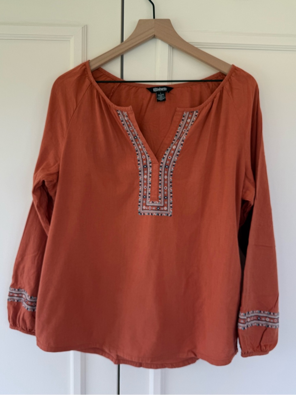Sherpa Adventure Gear long sleeve blouse in burnt orange with embroidery, size L